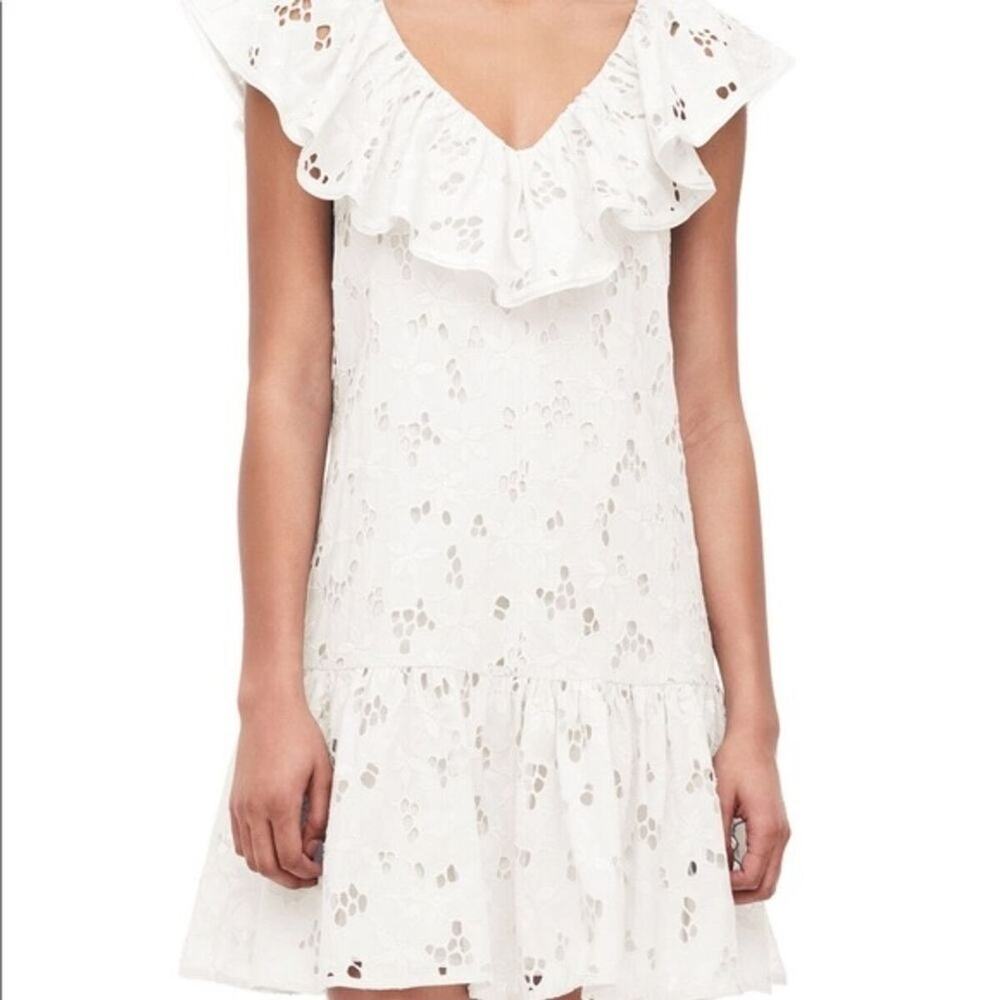 Rebecca Taylor Adriana Ruffled White Eyelet Lace V-Neck Mini Dress Size 6